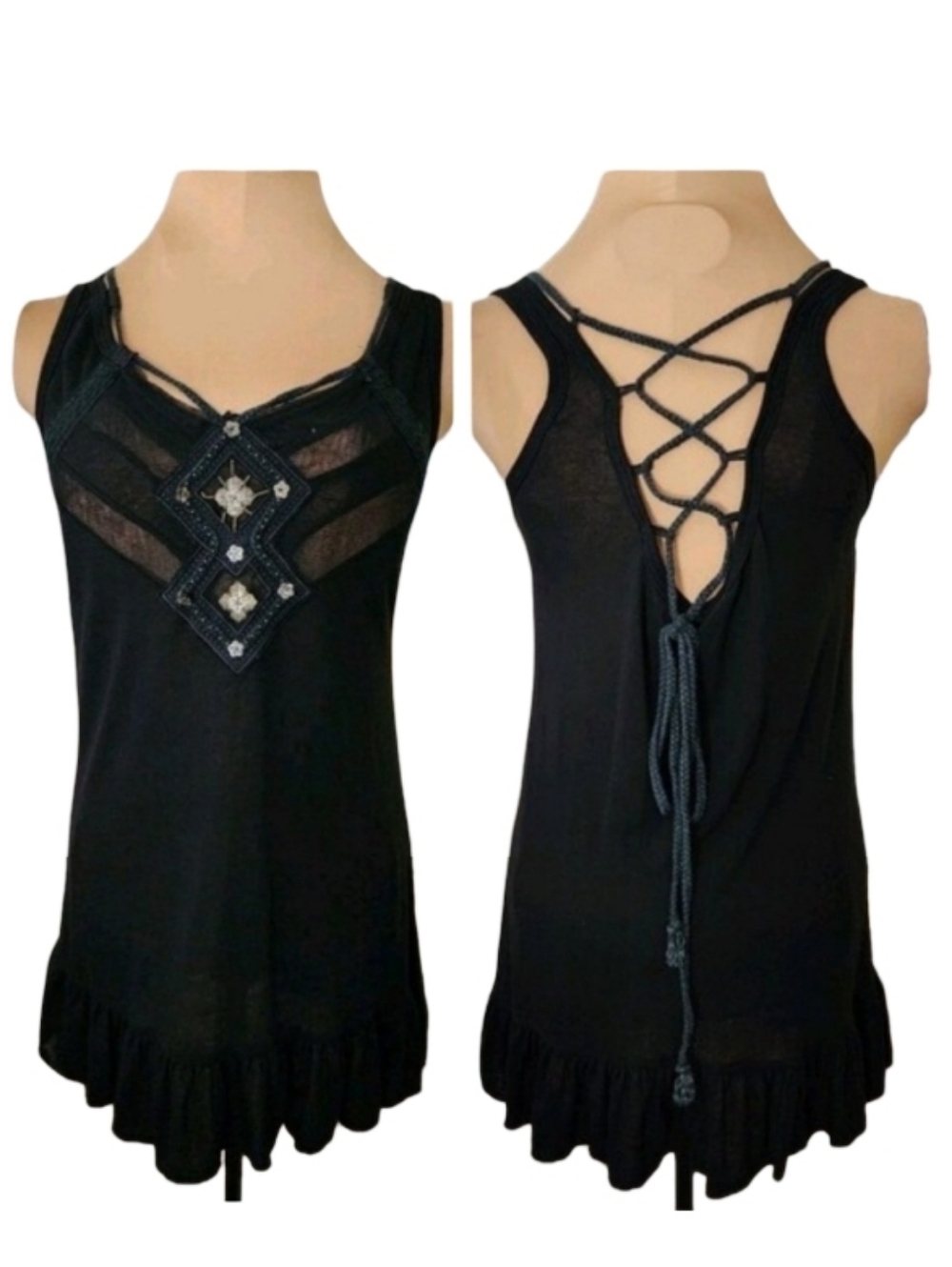 Murmur Black Boho Tunic Tank Top‎ Women's Medium – Embellished Festival Y2K